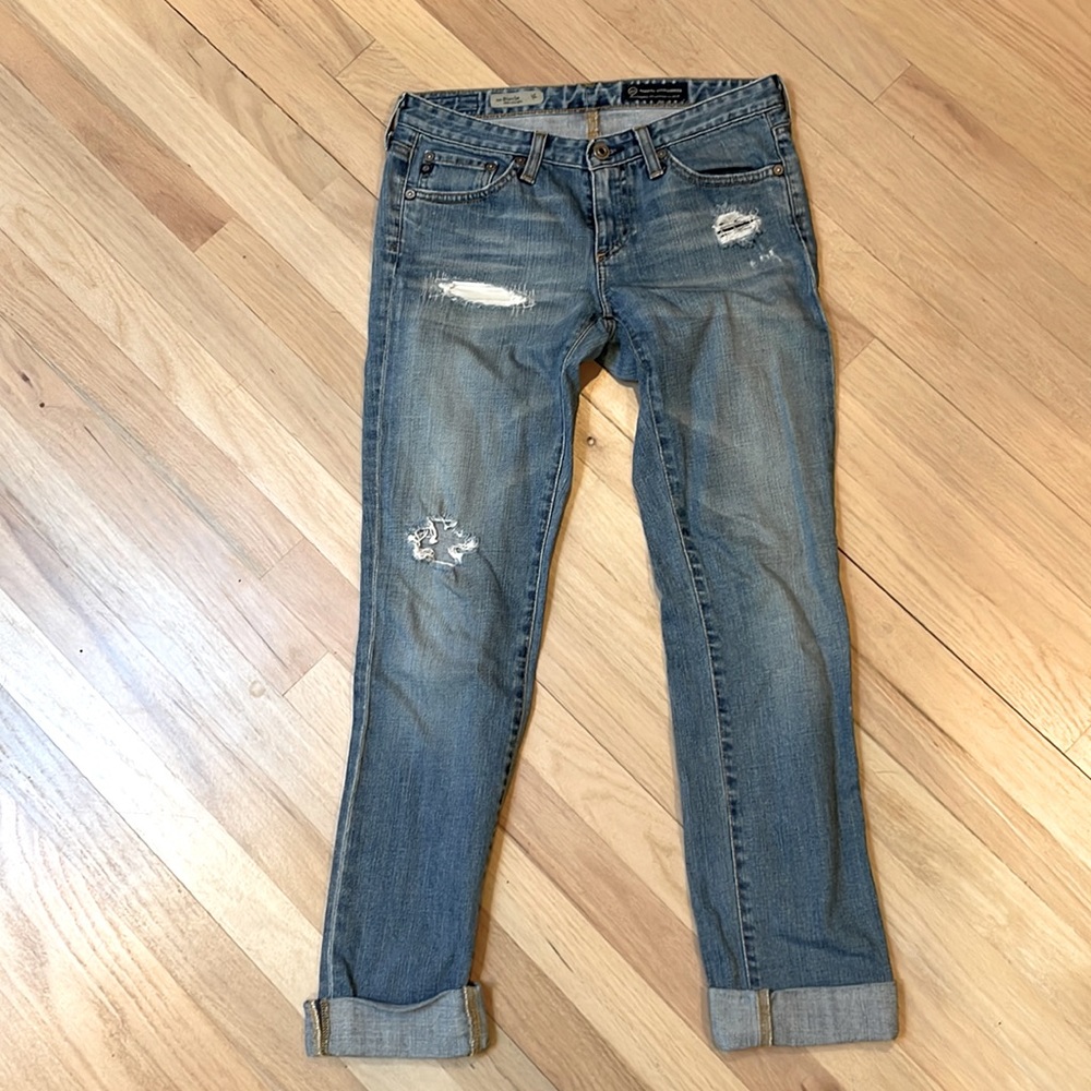 AG Adriano Goldschmied Stevie Slim Straight Leg Distressed Blue Jeans